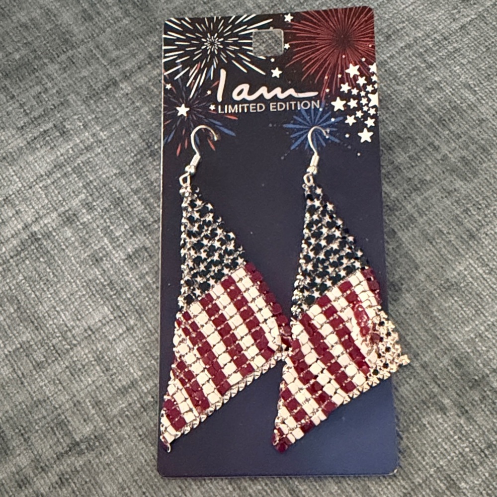 I am Limited Edition American Flag Dangle Earrings. Perfect for 4th of July